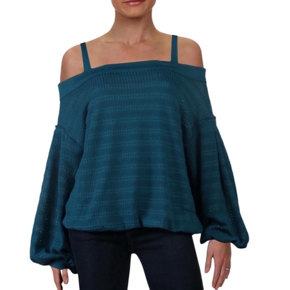 FREE PEOPLE • Teal Off-Shoulder Sistine Hacci Sweater Cold-Shoulder Top - Picture 3 of 9